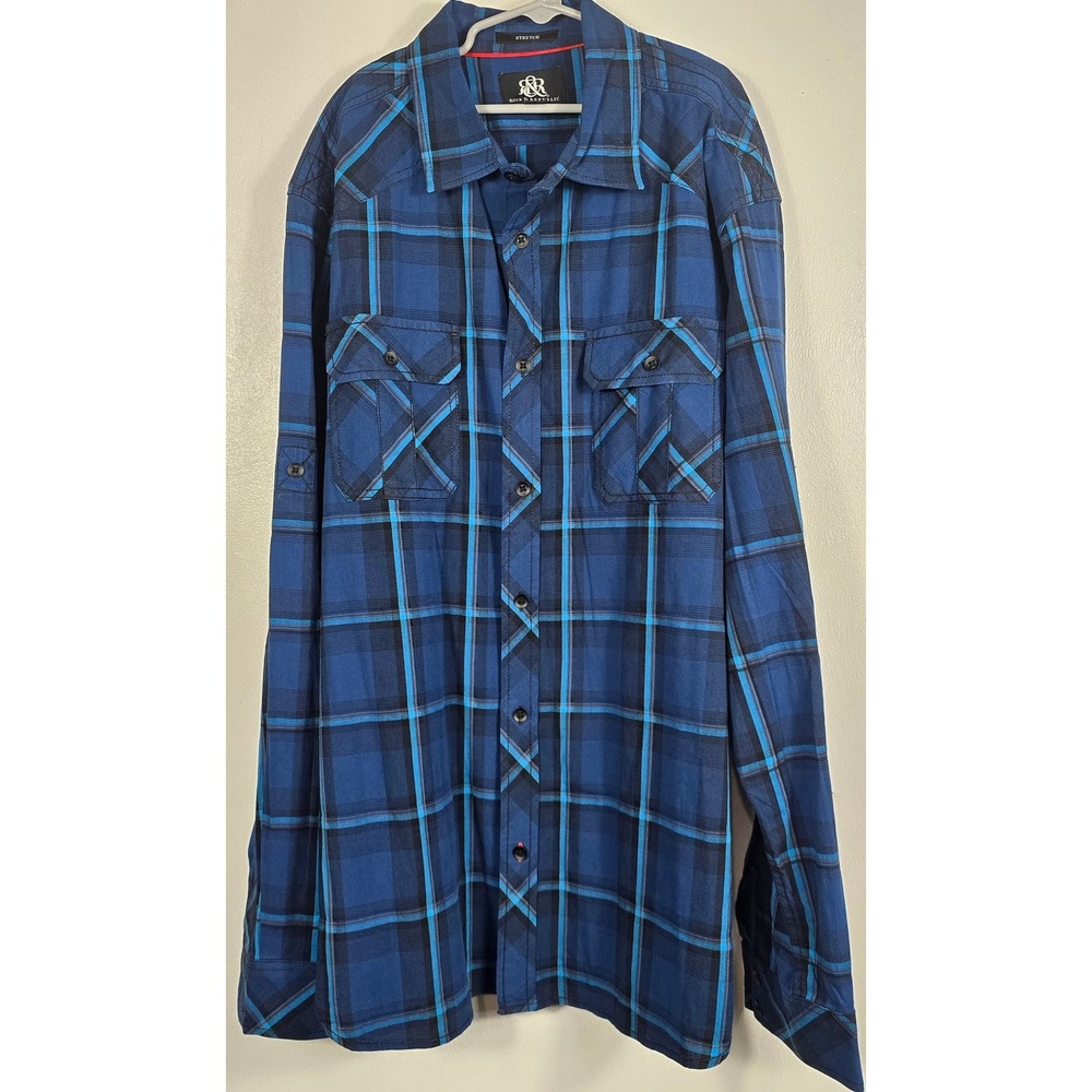 Rock & Republic Plaid Button Down Shirt‎ Blue Black Stretch Size L